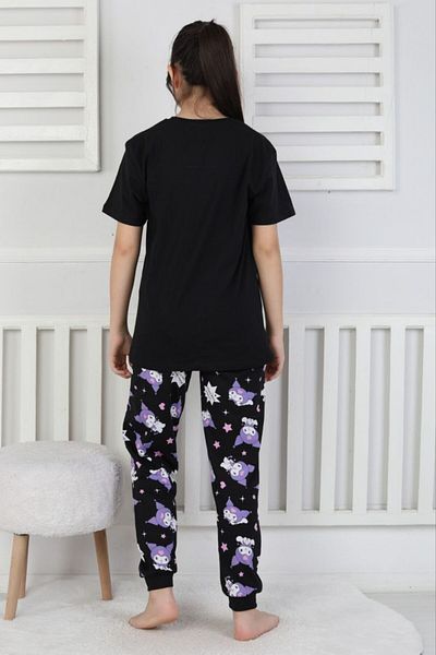 İsobel Kids Short Sleeve Kuromi Patterned Top Short Bottom Long Girls Pajamas Set