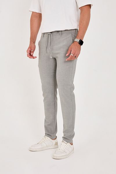 BROCARD Men's Seersucker Lycra Jogger Slimfit Waist Half Elastic Gray Fabric Trousers