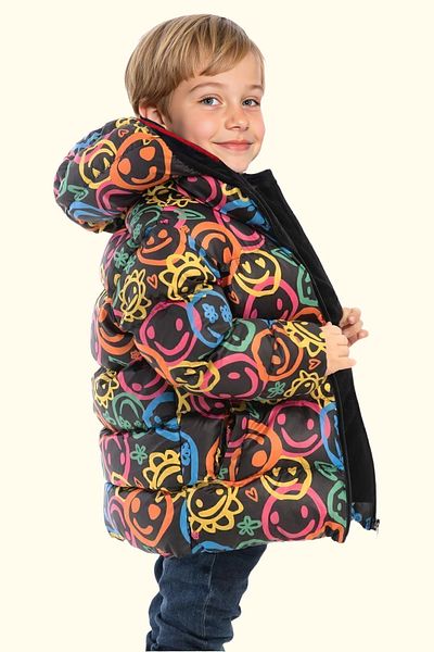 Riverstorm Boy's Smiling Emoji Fleece Fur Water and Windproof Hooded Winter Puffer Coat with Pockets