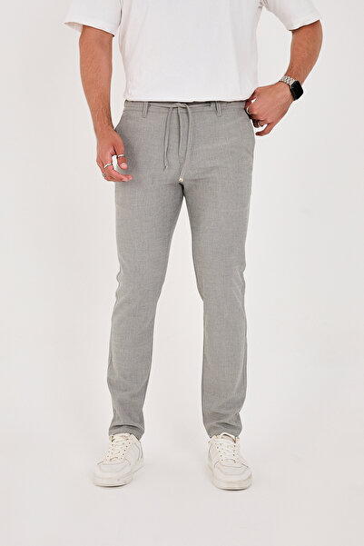 BROCARD Men's Seersucker Lycra Jogger Slimfit Waist Half Elastic Gray Fabric Trousers