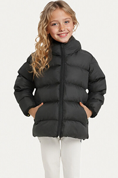 Riverstorm Kız Çocuk Siyah İçi Polarlı Kapüşonlu Su Geçirmez Rüzgara Dayanıklı Cepli Şişme Kışlık Mont