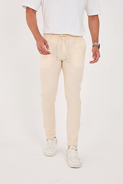 BROCARD Ανδρικό ύφασμα Seersucker Lycra Jogger Slimfit μέσης μισό ελαστικό κρεμ παντελόνι