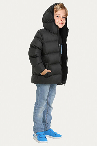 Riverstorm Palton negru de puf pentru băieți - fleece, glugă, impermeabil și rezistent la vânt