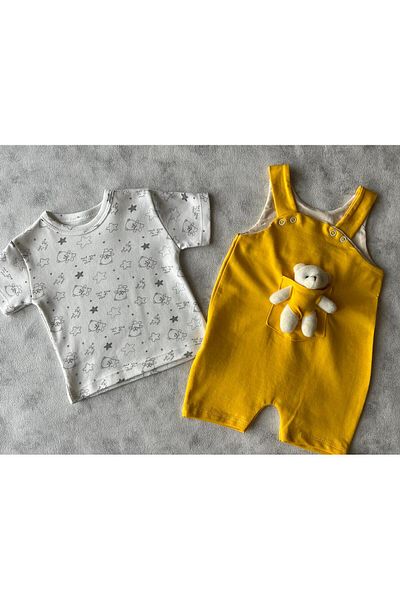 MBK GARDEN Yellow Baby Romper Set with Plush Toys - Cute Combination of 2 Summer Short Sleeve Bodysuits