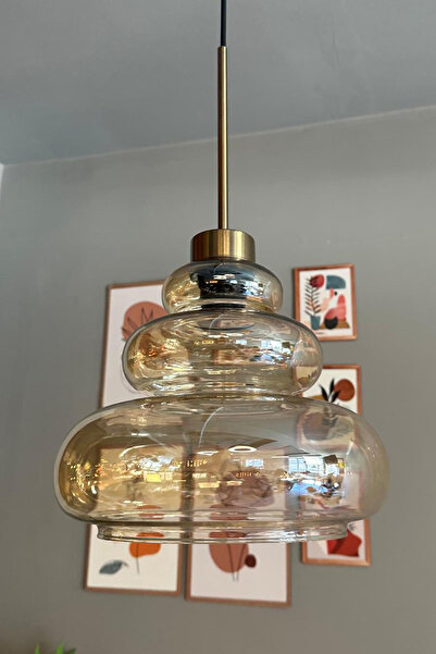 Bamyum Lily Cam Bal Rengi Tekli Avize Eskitme Ince Başlık Retro Sarkıt Lamba Restoran Salon Aydınlatma