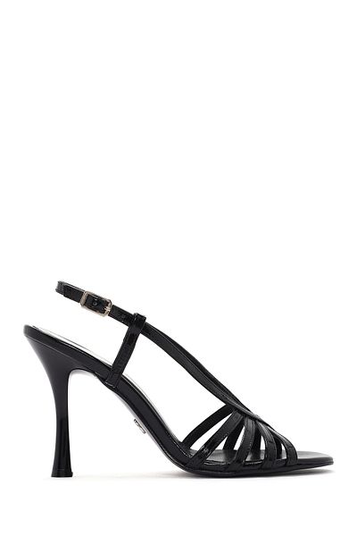 Derimod Women's Black Ankle Buckle Thin Heeled Shoes 100% Genuine Leather Sandals 24Sfd160116