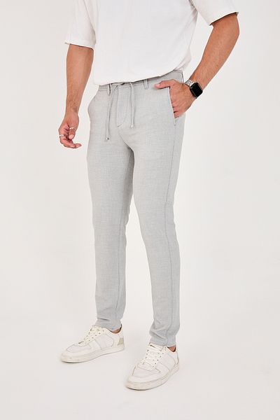 BROCARD Men's Seersucker Lycra Jogger Slimfit Waist Half Elastic Light Gray Fabric Trousers