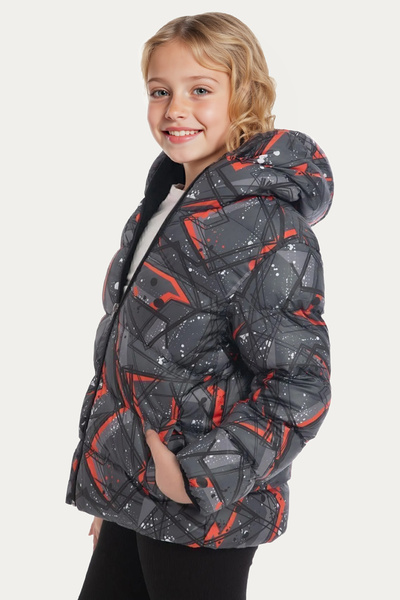 Riverstorm Girl's Black Geometric Pattern Fleece Water and Windproof Hooded Puffer Winter Jacket with Pockets