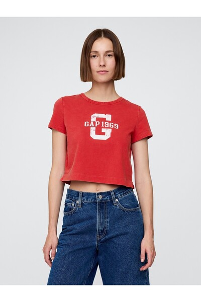 GAP Kadın Kırmızı %100 Organik Pamuk VintageSoft Crop T-Shirt