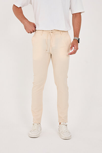 BROCARD Ανδρικό ύφασμα Seersucker Lycra Jogger Slimfit μέσης μισό ελαστικό κρεμ παντελόνι