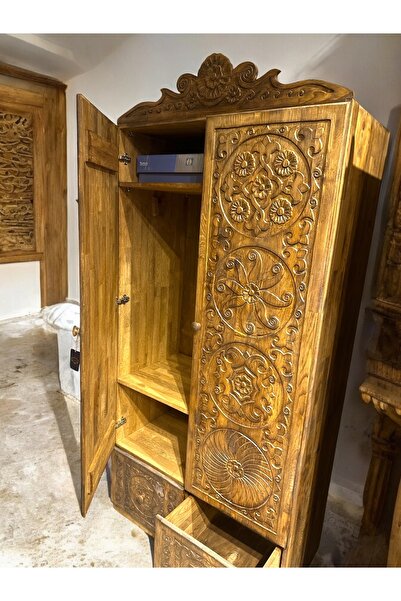 GÜRSES HOME Yatak Odası Gardırop Masif Ağaç Eskitme El Oyması 2 Kapılı Helen Dolap 100 x 200