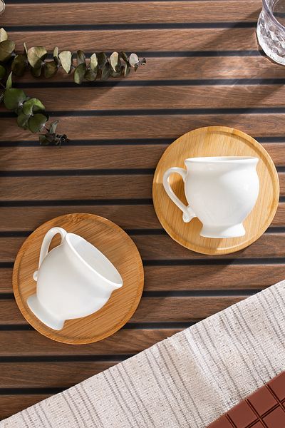 Porsima 101964 Porcelain 6-Person Cup Set with Bamboo Plate 12 Piece Turkish Coffee Cup Set-90Ml