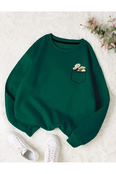 DUBU BUTİK Pocket Design Daisy Pattern Sweatshirt - Nefti Green Printed Oversize Thick Winter Crew Neck