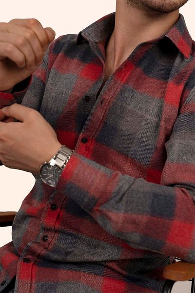Etikmen Red Gray Checkerboard Patterned Lumberjack Slimfit Shirt with Gift Box