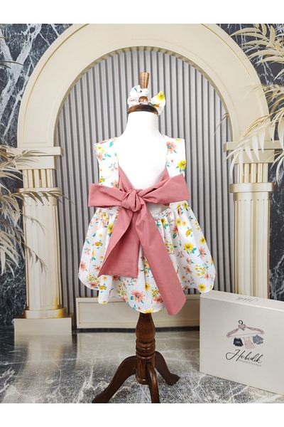 Hobidik Rochie albă din popelin florală - Detaliu fundă