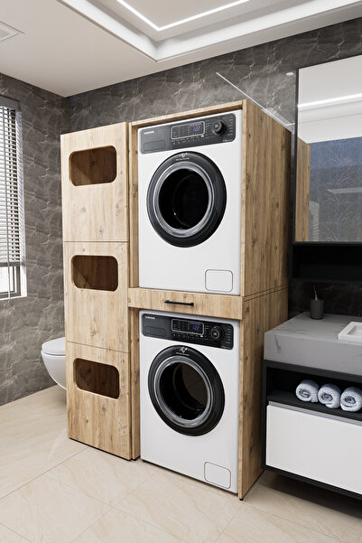 Mirobi Washbox Banyo Kirli Sepetli Çamaşır Makinası Dolabı Ve Kurutma Makinası Dolabı Çam