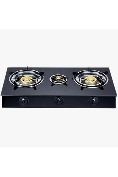 Denx موقد غاز للطهي المنزلي DX2807 - 3 شعلات، إشعال تلقائي، غطاء ذهبي، شواية مطلية بالمينا الأسود
