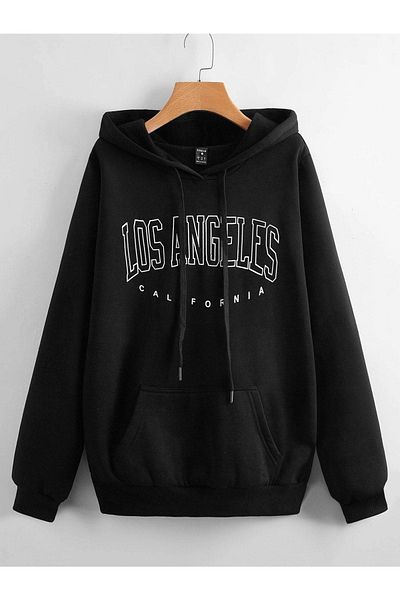 DUBU BUTİK Φούτερ Los Angeles Design - Μαύρη στάμπα Oversize Hooded