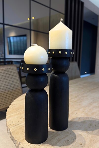 Ogia Concept Black Doğal Ahşap Şamdan / Mumluk 2'li Set 23 Cm & 27 Cm (SİYAH)