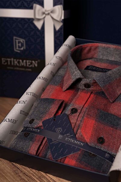 Etikmen Piros szürke sakktáblás mintás favágó karcsú ing díszdobozzal