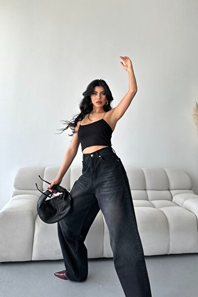 DESTEMODA Γυναικείο τζιν φαρδύ παντελόνι χιονιού με χημικό πλύσιμο μαύρο 4001