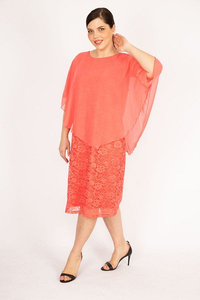 Şans Women's Pomegranate Large Size Chiffon Cape Lined Lace Dress 65n36065