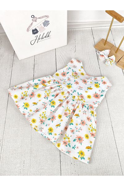 Hobidik Rochie albă din popelin florală - Detaliu fundă