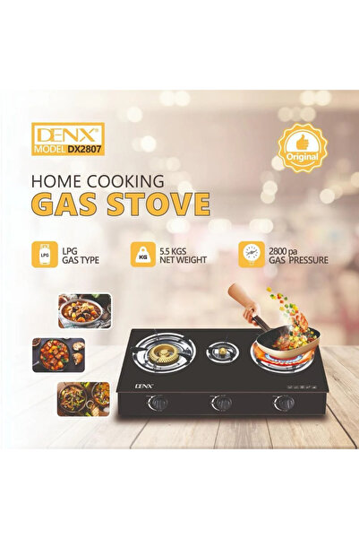 Primo Plus موقد غاز منزلي DENX DX2807 - 3 شعلات، إشعال تلقائي، غطاء ذهبي، شوا...