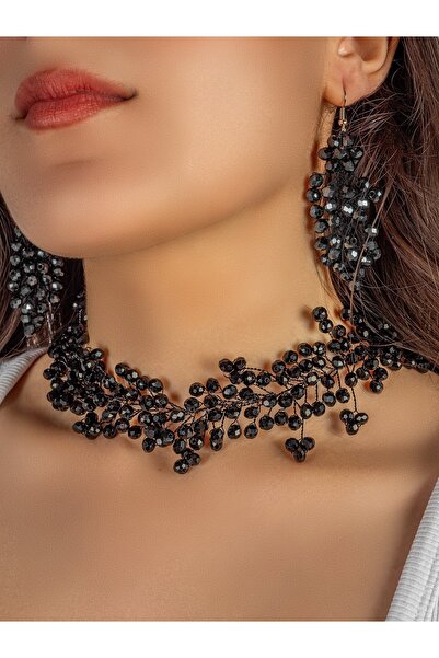 Teyzee Siyah Kristal Boncuklu Gerdanlık Kolye | Özel Tasarım Şıklığı ve Göz A...