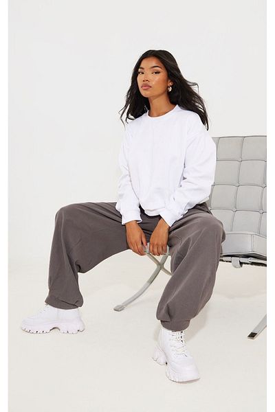 DUBU BUTİK Plain Basic Sweatshirt - White Long Sleeve Oversize Crew Neck