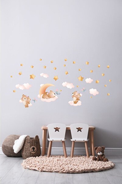 MAARS 3'lü Uyuyan Ayıcık Bulutlar Ve Yıldızlar Çocuk Bebek Odası Sticker