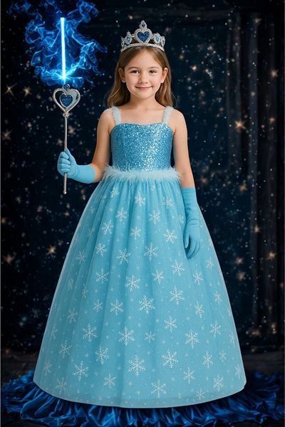 Parti Kırtasiye Costum Elsa - Rochie Frozen - Mănuși cu bretele Coroană Sceptru Regina Zăpezii Albastru