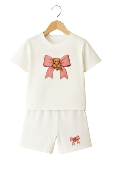 DUBU BUTİK Pink Bear Teddy Bear Ribbon Printed Children's Suit - White Shorts White T-Shirt Suit Printed Girls' Ya