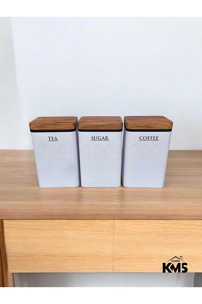 KMS Kumsar Bamboo Look Lid and 3-Piece White Metal Jar Set
