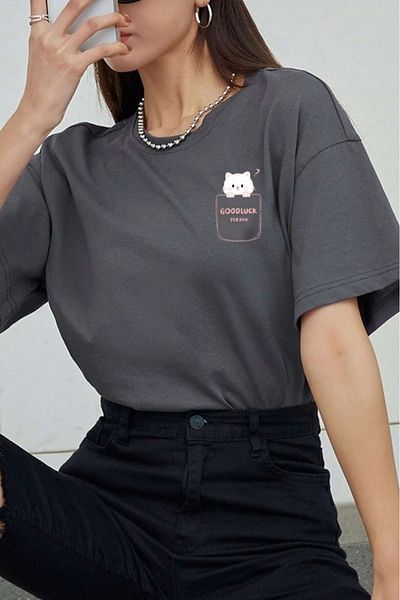 DUBU BUTİK Good Luck T- Shirt - Printed Oversize T-Shirt