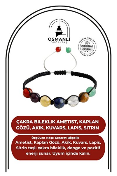 OSMANLI DOĞAL TAŞ Çakra Bileklik Ametist, Kaplan Gözü, Akik, Kuvars, Lapis, S...