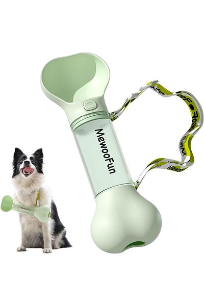 MewooFun Sticlă de apă portabilă 2 în 1 pentru câini, etanșă, cu dozator de pungă igienică inclus, verde