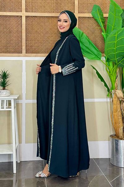 Bym Fashion Κοστούμι φόρεμα με πέτρινο κέντημα λεπτομερές γιλέκο 3838 Emerald