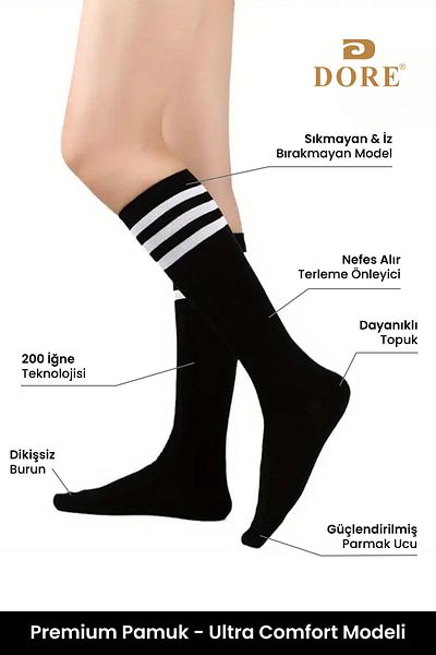 Dore Original Women's 2 Pieces Striped Below the Knee Premium Cotton Toe Reinforced Comfort Model Long Socks
