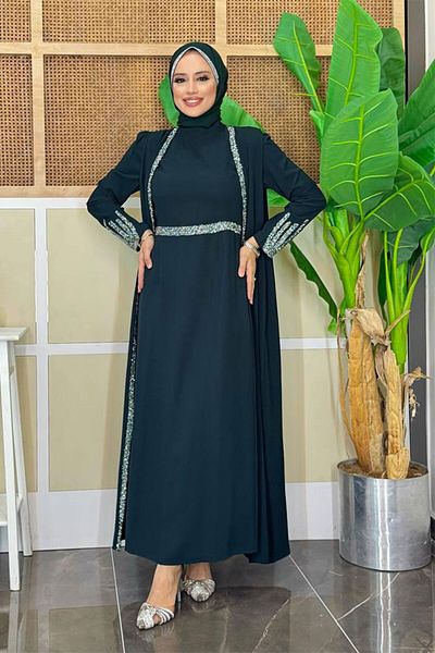 Bym Fashion Κοστούμι φόρεμα με πέτρινο κέντημα λεπτομερές γιλέκο 3838 Emerald