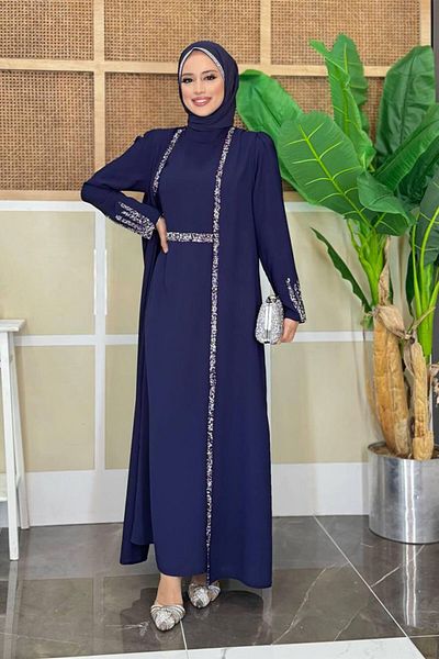 Bym Fashion 3838-1 Stone részletes mellény öltöny sötétkék