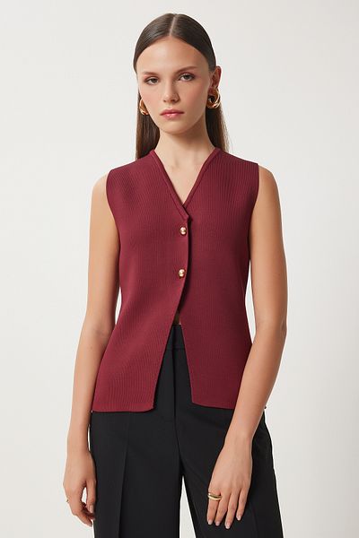 Lovelyİstanbul V-Neck Stylish Buttoned Knitwear Vest Claret Red Lus0038