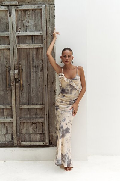 BOHEMAİ Purtyas Fırfır Detaylı Sarı Uzun Elbise