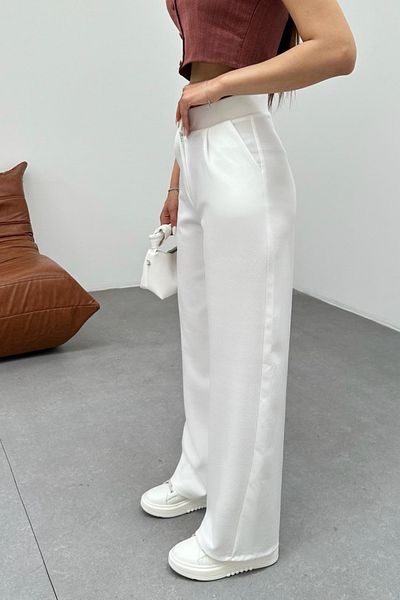 BİKELİFE Women's White Lycra Palazzo Loose Wide Leg Trousers
