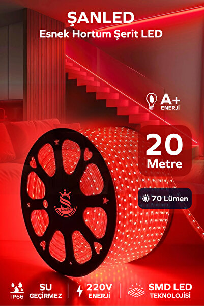 ŞANLED Hortum Esnek Şerit Led Kırmızı Rengi + 220v Fiş/2,3,4,5,10,15,20,25,50...