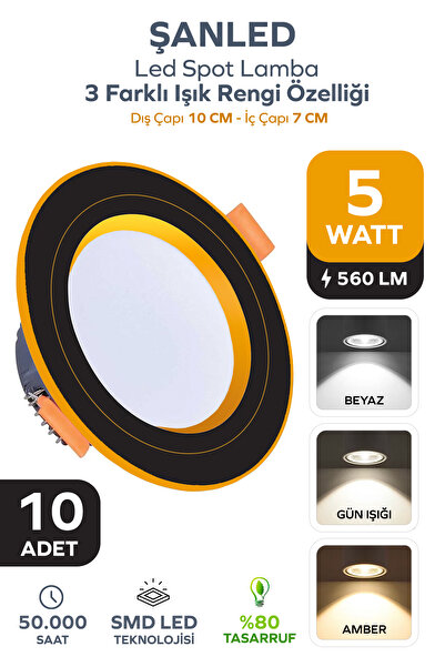 ŞANLED 5W 3 Renkli(Beyaz,Günışığı,Amber)Siyah Gold Kasa Led Spot Lamba- 10 AD...