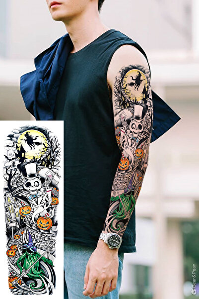 BP Tattoo Tam Kol Kaplama Cadılar Bayramı Dövmesi Halloween Tatto