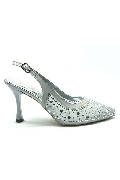 KCMN Feles Open Back Transparent Stone Detailed Cinderella Women's Heeled Shoes Silver