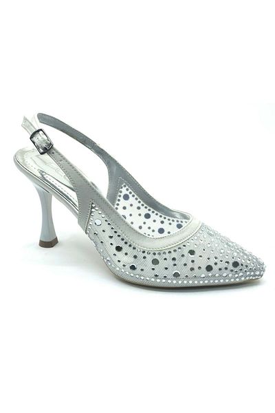KCMN Feles Open Back Transparent Stone Detailed Cinderella Women's Heeled Shoes Silver