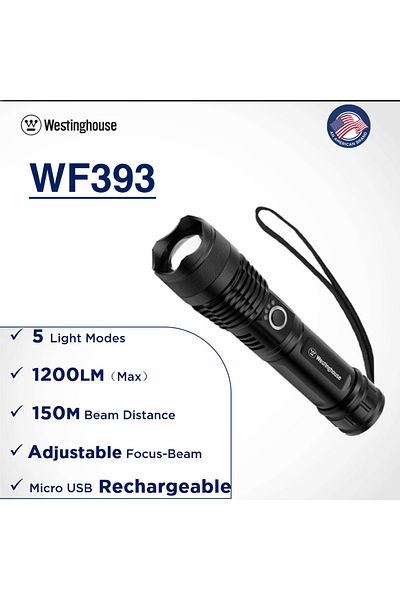 Westinghouse WF393 Rechargeable Flashlight - Ultra Bright LED Torch with Adjustable Focus - 1200 Lum